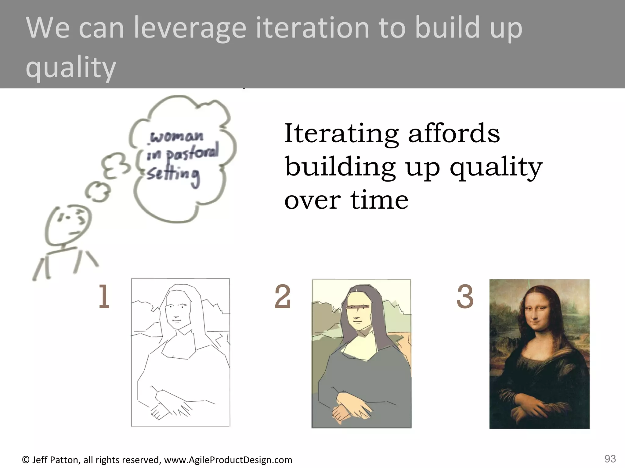 93© Jeff Patton, all rights reserved, www.AgileProductDesign.com
1 2 3
Iterating affords
building up quality
over time
We can leverage iteration to build up
quality
 