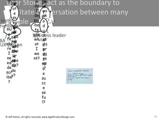10© Jeff Patton, all rights reserved, www.AgileProductDesign.com
User Stories act as the boundary to
facilitate conversation between many
people
user
w
do
I
de
scr
ibe
to
you
wh
at
I
wa
nt?
w
do
I
und
ers
tan
d
use
rs
and
the
ir
nee
ds?
UX person
th
e
de
tai
ls
of
thi
s
fe
atu
re
I
ne
ed
de
scr
ibe
?
BA
ta
ils
of
w
ha
t
I
ne
ed
to
w
or
k
on
to
da
y?
eveloper
li
d
at
e
th
is
w
or
k
is
d
on
e
?
tester
thi
s
wo
rk
an
d
tra
ck
it
its
pr
og
re
ss
?
PM
gs
m
y
pr
o
d
u
ct
n
e
e
d
s
to
b
e
su
cc
e
ss
fu
l?
business leader
 