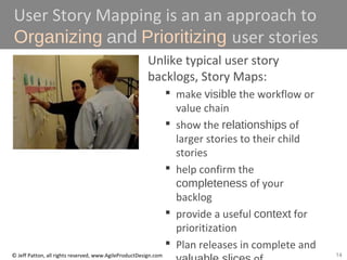 14© Jeff Patton, all rights reserved, www.AgileProductDesign.com
User Story Mapping is an an approach to
Organizing and Prioritizing user stories
Unlike typical user story
backlogs, Story Maps:
 make visible the workflow or
value chain
 show the relationships of
larger stories to their child
stories
 help confirm the
completeness of your
backlog
 provide a useful context for
prioritization
 Plan releases in complete and
 