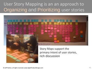 15© Jeff Patton, all rights reserved, www.AgileProductDesign.com
User Story Mapping is an an approach to
Organizing and Prioritizing user stories
Story Maps support the
primary intent of user stories,
rich discussion
 