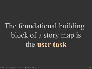 16© Jeff Patton, all rights reserved, www.AgileProductDesign.com
The foundational building
block of a story map is
the user task
 