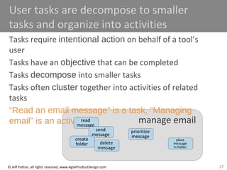 27© Jeff Patton, all rights reserved, www.AgileProductDesign.com
activitymanage email
User tasks are decompose to smaller
tasks and organize into activities
Tasks require intentional action on behalf of a tool’s
user
Tasks have an objective that can be completed
Tasks decompose into smaller tasks
Tasks often cluster together into activities of related
tasks
“Read an email message” is a task, “Managing
email” is an activity.
task
task
task
task
task
task
read
message
send
message
create
folder delete
message
prioritize
message
place
message
in folder
 