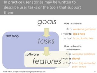 31© Jeff Patton, all rights reserved, www.AgileProductDesign.com
user story
In practice user stories may be written to
describe user tasks or the tools that support
them
software
tasks
features
goals
As a weekend gardener
I want to dig a hole
so that I can plant a tree
More task-centric:
As a weekend gardener
I want a shovel
so that I can [dig a hole to]
plant a tree
More tool-centric:
(or feature-centric)
 