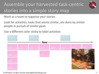 47© Jeff Patton, all rights reserved, www.AgileProductDesign.com
Assemble your harvested task-centric
stories into a simple story map
Work as a team to organize your stories
Look for activities: tasks that seems similar, are done by similar
people in pursuit of similar goals
Use a different color sticky to label activities
time
 