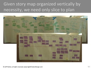 63© Jeff Patton, all rights reserved, www.AgileProductDesign.com
Given story map organized vertically by
necessity, we need only slice to plan
 