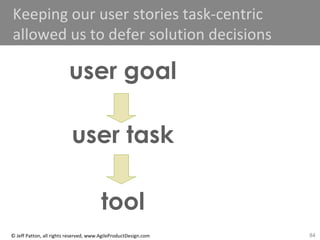 84© Jeff Patton, all rights reserved, www.AgileProductDesign.com
tool
Keeping our user stories task-centric
allowed us to defer solution decisions
user goal
user task
 