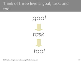 22© Jeff Patton, all rights reserved, www.AgileProductDesign.com
Think of three levels: goal, task, and
tool
goal
task
tool
 
