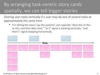 43© Jeff Patton, all rights reserved, www.AgileProductDesign.com
By arranging task-centric story cards
spatially, we can t...