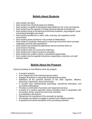 Beliefs About Students
• Each student can learn.
• Each student has individual needs and abilities.
• Each student is capable of developing responsibility for his or her own learning.
• Each student has the capacity to change personal attitudes and behaviors.
• Each student brings to the learning environment academic, psychological, social
and physical strengths and needs.
• Each student benefits from a warm, safe, nurturing, and supportive school
environment.
• Each student grows and learns in the context of relationships.
• Each student is positively influenced by a learning environment which provides
challenges and sets high expectations.
• Each student has educational experiences that are enriched within an
environment of diversity.
• Each student is part of a community of learners.
• Each student has a right to access an education.
• Each student has a right to equity in educational opportunities.
• Each student has the capacity to become a responsible, productive, and self-
directed citizen.
Beliefs About the Program
School counseling is most effective when the program
• Is student centered.
• Is an integral part of the total educational system.
• Engages all students in sequential developmental activities.
• Addresses all the personal domains of the child: cognitive, affective,
behavioral, experiential, and environmental.
• Is founded upon developmental psychology, educational philosophy, and
counseling methodology.
• Provides a combination of proactive and responsive services.
• Is based on a systems approach where counselors work in cooperation with
the student, family, school and community members.
• Is accessible to all students.
• Recognizes the importance of the counselor as teacher.
• Encourages counselors to engage in research and reflective practice.
• Is guided by the ethical standards of the counseling profession.
©2008 Pattonville School District Page 6 of 42
 