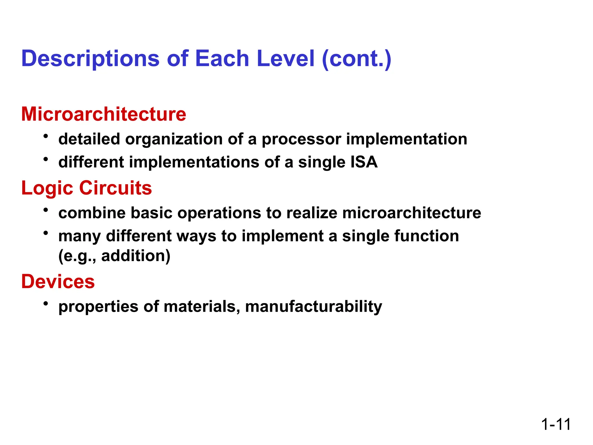 1-11
Descriptions of Each Level (cont.)
Microarchitecture
• detailed organization of a processor implementation
• different implementations of a single ISA
Logic Circuits
• combine basic operations to realize microarchitecture
• many different ways to implement a single function
(e.g., addition)
Devices
• properties of materials, manufacturability
 