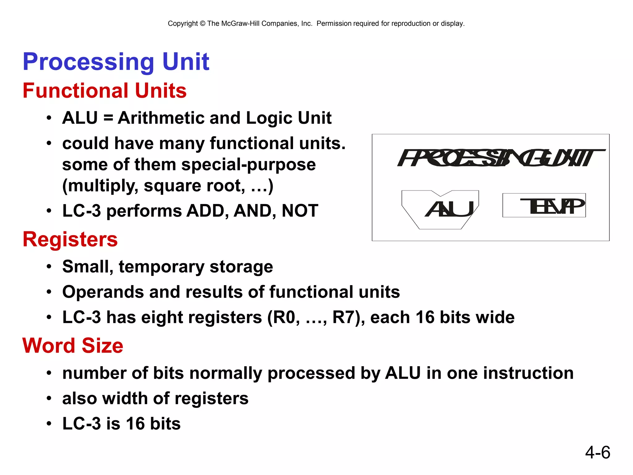 Copyright © The McGraw-Hill Companies, Inc. Permission required for reproduction or display.
4-6
Processing Unit
Functional Units
• ALU = Arithmetic and Logic Unit
• could have many functional units.
some of them special-purpose
(multiply, square root, …)
• LC-3 performs ADD, AND, NOT
Registers
• Small, temporary storage
• Operands and results of functional units
• LC-3 has eight registers (R0, …, R7), each 16 bits wide
Word Size
• number of bits normally processed by ALU in one instruction
• also width of registers
• LC-3 is 16 bits
P
R
O
C
E
S
S
I
N
G
U
N
I
T
A
L
U T
E
M
P
 