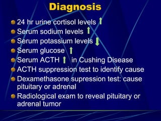 Diagnosis
24 hr urine cortisol levels
Serum sodium levels
Serum potassium levels
Serum glucose
Serum ACTH in Cushing Disease
ACTH suppression test to identify cause
Dexamethasone supression test: cause
pituitary or adrenal
Radiological exam to reveal pituitary or
adrenal tumor
 