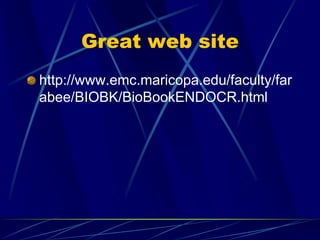 Great web site
http://www.emc.maricopa.edu/faculty/far
abee/BIOBK/BioBookENDOCR.html
 