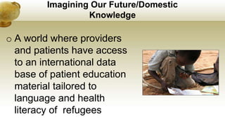Imagining Our Future/Domestic
Knowledge
o A world where providers
and patients have access
to an international data
base of patient education
material tailored to
language and health
literacy of refugees
 