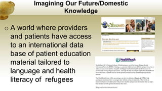 Imagining Our Future/Domestic
Knowledge
o A world where providers
and patients have access
to an international data
base of patient education
material tailored to
language and health
literacy of refugees
 