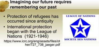 Imagining our future requires
remembering our past
• Protection of refugees has
occurred since antiquity
• International protection
began with the League of
Nations (1921-1946)
https://www.icrc.org/eng/assets/files/ot
her/727_738_jaeger.pdf
 