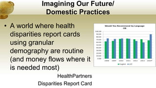 Imagining Our Future/
Domestic Practices
• A world where health
disparities report cards
using granular
demography are routine
(and money flows where it
is needed most)
HealthPartners
Disparities Report Card
 