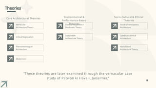 Theories
Core Architectural Theories
Vernacular
Architecture Theory
Critical Regionalism
Phenomenology in
Architecture
Modernism
Environmental &
Performance-Based
Theories
Climate-Responsive /
Bioclimatic Theory
Sustainable
Architecture Theory
Socio-Cultural & Ethical
Theories
Social & Participatory
Architecture
Gandhian / Ethical
Architecture
Vastu-Based
Architectural Theory
“These theories are later examined through the vernacular case
study of Patwon ki Haveli, Jaisalmer.”
 