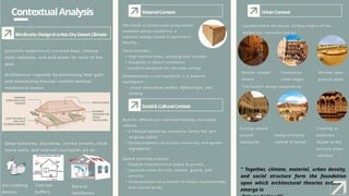 ContextualAnalysis
BioclimaticDesigninaHot–DryDesertClimate
Deep balconies, jharokhas, carved screens, thick
stone walls, and internal courtyards act as:
Sun-shading
devices
Natural
ventilation
Thermal
buffers
MaterialContext
Social&CulturalContext
UrbanContext
Narrow, shaded
streets
Minimal open
ground space
Continuous
street edges
Turning inward
around
courtyards
Creating an
elaborate
façade as the
primary urban
interface
Using verticality
instead of sprawl
Jaisalmer experiences extreme heat, intense
solar radiation, and arid winds for most of the
year.
Architecture responds by minimizing heat gain
and maximizing thermal comfort without
mechanical means.
The haveli is constructed using locally
available yellow sandstone, a
material deeply rooted in Jaisalmer’s
identity.
Stone provides:
• High thermal mass, delaying heat transfer
• Durability in desert conditions
• Excellent potential for intricate carving
Ornamentation is not superficial; it is material
intelligence—
• carved stone allows airflow, diffused light, and
shading.
Built for affluent Jain merchant families, the haveli
reflects:
• A lifestyle balancing commerce, family life, and
religious values
• Strong emphasis on privacy, hierarchy, and gender
segregation
Located within the dense, compact fabric of the
walled city, characterized by:
Spatial planning ensures:
• Gradual transition from public to private
• Separate zones for men, women, guests, and
services
• Ornamentation as a marker of status, craftsmanship,
and cultural pride
The haveli’s design responds by:
“ Together, climate, material, urban density,
and social structure form the foundation
upon which architectural theories naturally
emerge in
 