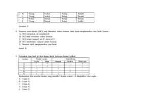 B. Terang Sedikit Terang Banyak
C. Terang Sedikit Redup Banyak
D. Redup Banyak Redup Banyak
E. Terang Banyak Redup Sedikit
Jawaban: E
4. Senyawa asam klorida (HCl) yang dilarutkan dalam benzena tidak dapat menghantarkan arus listrik karena...
A. HCl merupakan zat nonelektrolit
B. HCl tidak terionisasi dalam benzena
C. HCl terurai menjadi ion H+ dan ion Cl-
D. HCl membentuk endapan dalam benzena
E. Benzena tidak menghantarkan arus listrik
Jawab: B
5. Perhatikan data hasil uji daya hantar listrik beberapa larutan berikut!
Larutan Nyala Lampu Gelembung
Nyala Mati Banyak Sedikit Tidak ada
1) - √ - - √
2) - √ - - √
3) √ - √ - -
4) √ - - √ -
5) √ - √ - -
Berdasarkan data tersebut, larutan yang memiliki derajat ionisasi = 0 ditunjukkan oleh angka...
A. 1) dan 2)
B. 1) dan 3)
C. 2) dan 4)
D. 2) dan 5)
E. 3) dan 5)
 