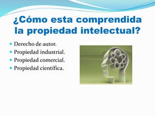 ¿Cómo esta comprendida
la propiedad intelectual?
 Derecho de autor.
 Propiedad industrial.
 Propiedad comercial.
 Propiedad científica.
 