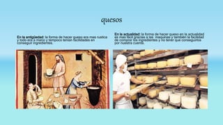 quesos
En la antigüedad: la forma de hacer queso era mas rustica
y todo era a mano y tampoco tenían facilidades en
conseguir ingredientes.
En la actualidad: la forma de hacer queso en la actualidad
es mas fácil gracias a las maquinas y también la facilidad
de comprar los ingredientes y no tener que conseguirlos
por nuestra cuenta.
 