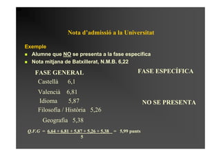 Nota d’admissió a la Universitat

Exemple
  Alumne que NO se presenta a la fase específica
  Nota mitjana de Batxillerat, N.M.B. 6,22

    FASE GENERAL                                    FASE ESPECÍFICA
     Castellà 6,1
     Valencià 6,81
     Idioma       5,87                                   NO SE PRESENTA
     Filosofía / Història 5,26
        Geografia 5,38
 Q.F.G = 6,64 + 6,81 + 5,87 + 5,26 + 5,38 = 5,99 punts
                          5
 