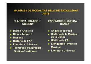 MATÈRIES DE MODALITAT DE 2n DE BATXILLERAT
                  ARTS

PLÀSTICA, IMATGE I      ESCÈNIQUES, MÚSICA I
     DISSENY                   DANSA

Dibuix Artístic II       Anàlisi Musical II
Dibuix Tècnic II         Història de la Música i
Disseny                  de la Dansa
Història de l’Art        Història de l’Art
Literatura Universal     Llenguatge i Pràctica
Tècniques d’Expressió    Musical
Grafico-Plàstiques       Literatura Universal
 