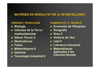 MATÈRIES DE MODALITAT DE 2n DE BATXILLERAT

CIÈNCIES I TECNOLOGIA        HUMANITATS I C. SOCIALS
  Biologia                     Economia de l’Empresa
  Ciències de la Terra i       Geografia
  mediambientals               Grec II
  Dibuix Tècnic II             Història de l’Art
  Electrotècnia                Llatí II
  Física                       Literatura Universal
  Matemàtiques II              Matemàtiques
  Química                      Aplicades a les
  Tecnologia Industrial II     Ciències Socials
 