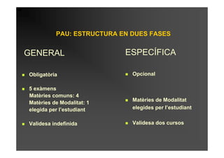 PAU: ESTRUCTURA EN DUES FASES


GENERAL                    ESPECÍFICA

Obligatòria                  Opcional

5 exàmens
Matèries comuns: 4
                             Matèries de Modalitat
Matèries de Modalitat: 1
elegida per l’estudiant      elegides per l’estudiant


Validesa indefinida          Validesa dos cursos
 