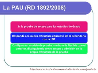 La PAU (RD 1892/2008)




        http://www.uniovi.es/nuevosestudiantes/acceso/pau/info
 