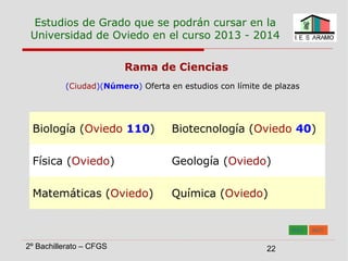 2º Bachillerato – CFGS 22
Estudios de Grado que se podrán cursar en la
Universidad de Oviedo en el curso 2013 - 2014
Biolo...
