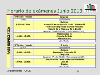 2º Bachillerato – CFGS 31
Horario de exámenes Junio 2013
 