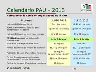 2º Bachillerato – CFGS 35
Calendario PAU - 2013
Aprobado en la Comisión Organizadora de la PAU
Procesos JUNIO 2013 JULIO 2...