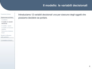 Il modello: le variabili decisionali
Preambolo (breve)
Sopravvivere nel bosco
Il problema
Il modello: le variabili
decisionali
Il modello: i vincoli
Il modello: la funzione
obiettivo
Risoluzione mediante
Excel
Modelli di diffusione
delle epidemie
Il medagliere olimpico
6
Introduciamo 12 variabili decisionali una per ciascuno degli oggetti che
possiamo decidere se portare.
 