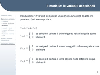 Il modello: le variabili decisionali
Preambolo (breve)
Sopravvivere nel bosco
Il problema
Il modello: le variabili
decisionali
Il modello: i vincoli
Il modello: la funzione
obiettivo
Risoluzione mediante
Excel
Modelli di diffusione
delle epidemie
Il medagliere olimpico
6
Introduciamo 12 variabili decisionali una per ciascuno degli oggetti che
possiamo decidere se portare.
xw,1, xw,2, xw,3
xw,1 =
1 se scelgo di portare il primo oggetto nella categoria acqua
0 altrimenti
xw,2 =
1 se scelgo di portare il secondo oggetto nella categoria acqua
0 altrimenti
xw,3 =
1 se scelgo di portare il terzo oggetto nella categoria acqua
0 altrimenti
 