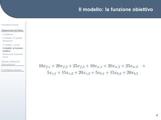 Il modello: la funzione obiettivo
Preambolo (breve)
Sopravvivere nel bosco
Il problema
Il modello: le variabili
decisionali
Il modello: i vincoli
Il modello: la funzione
obiettivo
Risoluzione mediante
Excel
Modelli di diffusione
delle epidemie
Il medagliere olimpico
8
10xf,1 + 20xf,2 + 25xf,3 + 10xw,1 + 20xw,2 + 25xw,3 +
5xs,1 + 15xs,2 + 20xs,3 + 5xb,1 + 15xb,2 + 20xb,3
 