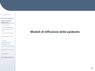 Modelli di diffusione delle epidemie
Preambolo (breve)
Sopravvivere nel bosco
Modelli di diffusione
delle epidemie
Il modello SIR
Il Modello Matematico
Propriet`a del modello
SIR
Simulazione Numerica,
1
Simulazione Numerica,
2
In sintesi
Modello SIR con
nascite e morti
Simulazione Numerica,
3
Simulazione Numerica,
4
SEIR Model
Il medagliere olimpico
10
 