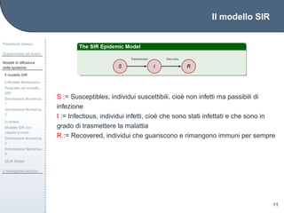 Il modello SIR
Preambolo (breve)
Sopravvivere nel bosco
Modelli di diffusione
delle epidemie
Il modello SIR
Il Modello Matematico
Propriet`a del modello
SIR
Simulazione Numerica,
1
Simulazione Numerica,
2
In sintesi
Modello SIR con
nascite e morti
Simulazione Numerica,
3
Simulazione Numerica,
4
SEIR Model
Il medagliere olimpico
11
S := Susceptibles, individui suscettibili, cio`e non infetti ma passibili di
infezione
I := Infectious, individui infetti, cio`e che sono stati infettati e che sono in
grado di trasmettere la malattia
R := Recovered, individui che guariscono e rimangono immuni per sempre
 