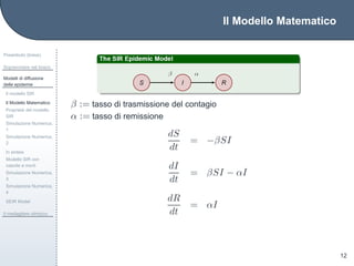 Il Modello Matematico
Preambolo (breve)
Sopravvivere nel bosco
Modelli di diffusione
delle epidemie
Il modello SIR
Il Modello Matematico
Propriet`a del modello
SIR
Simulazione Numerica,
1
Simulazione Numerica,
2
In sintesi
Modello SIR con
nascite e morti
Simulazione Numerica,
3
Simulazione Numerica,
4
SEIR Model
Il medagliere olimpico
12
β := tasso di trasmissione del contagio
α := tasso di remissione
dS
dt
= −βSI
dI
dt
= βSI − αI
dR
dt
= αI
 