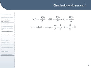 Simulazione Numerica, 1
Preambolo (breve)
Sopravvivere nel bosco
Modelli di diffusione
delle epidemie
Il modello SIR
Il Modello Matematico
Propriet`a del modello
SIR
Simulazione Numerica,
1
Simulazione Numerica,
2
In sintesi
Modello SIR con
nascite e morti
Simulazione Numerica,
3
Simulazione Numerica,
4
SEIR Model
Il medagliere olimpico
14
s(t) =
S(t)
N
, i(t) =
I(t)
N
, r(t) =
R(t)
N
α = 0.1, β = 0.3, ρ =
α
β
=
1
3
, R0 =
β
α
= 3
 