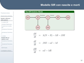Modello SIR con nascite e morti
Preambolo (breve)
Sopravvivere nel bosco
Modelli di diffusione
delle epidemie
Il modello SIR
Il Modello Matematico
Propriet`a del modello
SIR
Simulazione Numerica,
1
Simulazione Numerica,
2
In sintesi
Modello SIR con
nascite e morti
Simulazione Numerica,
3
Simulazione Numerica,
4
SEIR Model
Il medagliere olimpico
17
dS
dt
= λ(N − S) − λS − βSI
dI
dt
= βSI − αI − λI
dR
dt
= αI − λR
 