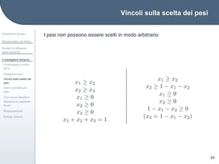 Vincoli sulla scelta dei pesi
Preambolo (breve)
Sopravvivere nel bosco
Modelli di diffusione
delle epidemie
Il medagliere olimpico
Il medagliere Londra
2012
Assegnare pesi
Vincoli sulla scelta dei
pesi
Valori possibili per i
pesi
Una nuova classiﬁca
Risoluzione mediante
Excel
Ringraziamenti
Epilogo (breve)
24
I pesi non possono essere scelti in modo arbitrario:
x1 ≥ x2
x2 ≥ x3
x1 ≥ 0
x2 ≥ 0
x3 ≥ 0
x1 + x2 + x3 = 1
x1 ≥ x2
x2 ≥ 1 − x1 − x2
x1 ≥ 0
x2 ≥ 0
1 − x1 − x2 ≥ 0
(x3 = 1 − x1 − x2)
 