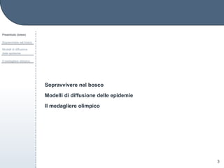 Preambolo (breve)
Sopravvivere nel bosco
Modelli di diffusione
delle epidemie
Il medagliere olimpico
3
Sopravvivere nel bosco
Modelli di diffusione delle epidemie
Il medagliere olimpico
 