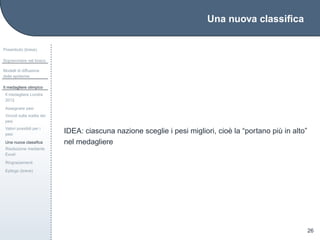 Una nuova classiﬁca
Preambolo (breve)
Sopravvivere nel bosco
Modelli di diffusione
delle epidemie
Il medagliere olimpico
Il medagliere Londra
2012
Assegnare pesi
Vincoli sulla scelta dei
pesi
Valori possibili per i
pesi
Una nuova classiﬁca
Risoluzione mediante
Excel
Ringraziamenti
Epilogo (breve)
26
IDEA: ciascuna nazione sceglie i pesi migliori, cio`e la “portano pi`u in alto”
nel medagliere
 