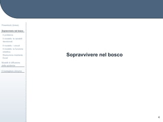 Sopravvivere nel bosco
Preambolo (breve)
Sopravvivere nel bosco
Il problema
Il modello: le variabili
decisionali
Il modello: i vincoli
Il modello: la funzione
obiettivo
Risoluzione mediante
Excel
Modelli di diffusione
delle epidemie
Il medagliere olimpico
4
 