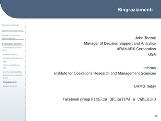 Ringraziamenti
Preambolo (breve)
Sopravvivere nel bosco
Modelli di diffusione
delle epidemie
Il medagliere olimpico
Il medagliere Londra
2012
Assegnare pesi
Vincoli sulla scelta dei
pesi
Valori possibili per i
pesi
Una nuova classiﬁca
Risoluzione mediante
Excel
Ringraziamenti
Epilogo (breve)
28
John Toczek
Manager of Decision Support and Analytics
ARAMARK Corporation
USA
Informs
Institute for Operations Research and Management Sciences
ORMS Today
Facebook group RICERCA OPERATIVA A CAMERINO
 