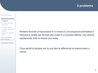 Il problema
Preambolo (breve)
Sopravvivere nel bosco
Il problema
Il modello: le variabili
decisionali
Il modello: i vincoli
Il modello: la funzione
obiettivo
Risoluzione mediante
Excel
Modelli di diffusione
delle epidemie
Il medagliere olimpico
5
Perdersi durante un’escursione in un bosco `e una situazione pericolosa e
ritrovare la strada per tornare alla civilt`a `e un compito difﬁcile, che utilizza
rapidamente tutte le risorse che avete.
Cosa decidi di portare con te pu`o fare la differenza tra sopravvivere o
morire.
 