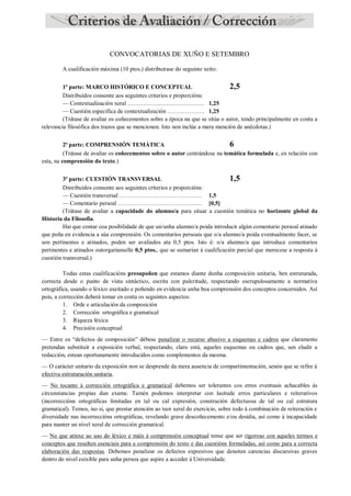 CONVOCATORIAS DE XUÑO E SETEMBRO
A cualificación máxima (10 ptos.) distribuirase do seguinte xeito:
1ª parte: MARCO HISTÓRICO E CONCEPTUAL 2,5
Distribuídos consonte aos seguintes criterios e proporcións:
— Contextualización xeral ………………………………… 1,25
— Cuestión específica de contextualización ………………. 1,25
(Trátase de avaliar os coñecementos sobre a época na que se sitúa o autor, tendo principalmente en conta a
relevancia filosófica dos trazos que se mencionen. Isto non inclúe a mera mención de anécdotas.)
2ª parte: COMPRENSIÓN TEMÁTICA 6
(Trátase de avaliar os coñecementos sobre o autor centrándose na temática formulada e, en relación con
esta, na comprensión do texto.)
3ª parte: CUESTIÓN TRANSVERSAL 1,5
Distribuídos consonte aos seguintes criterios e proporcións:
— Cuestión transversal …………………………………… 1,5
— Comentario persoal ……………………………………. [0,5]
(Trátase de avaliar a capacidade do alumno/a para situar a cuestión temática no horizonte global da
Historia da Filosofía.
Hai que contar coa posibilidade de que un/unha alumno/a poida introducir algún comentario persoal atinado
que poña en evidencia a súa comprensión. Os comentarios persoais que o/a alumno/a poida eventualmente facer, se
son pertinentes e atinados, poden ser avaliados ata 0,5 ptos. Isto é: o/a alumno/a que introduce comentarios
pertinentes e atinados outorgaríanselle 0,5 ptos., que se sumarían á cualificación parcial que merecese a resposta á
cuestión transversal.)
Todas estas cualificacións presupoñen que estamos diante dunha composición unitaria, ben estruturada,
correcta desde o punto de vista sintáctico, escrita con pulcritude, respectando escrupulosamente a normativa
ortográfica, usando o léxico axeitado e poñendo en evidencia unha boa comprensión dos conceptos concernidos. Así
pois, a corrección deberá tomar en conta os seguintes aspectos:
1. Orde e articulación da composición
2. Corrección ortográfica e gramatical
3. Riqueza léxica
4. Precisión conceptual
— Entre os “defectos de composición” débese penalizar o recurso abusivo a esquemas e cadros que claramente
pretendan substituír a exposición verbal, respectando, claro está, aqueles esquemas ou cadros que, sen eludir a
redacción, estean oportunamente introducidos como complementos da mesma.
— O carácter unitario da exposición non se desprende da mera ausencia de compartimentación, senón que se refire á
efectiva estruturación unitaria.
— No tocante á corrección ortográfica e gramatical debemos ser tolerantes cos erros eventuais achacables ás
circunstancias propias dun exame. Tamén podemos interpretar con lasitude erros particulares e reiterativos
(incorreccións ortográficas limitadas en tal ou cal expresión, construción defectuosa de tal ou cal estrutura
gramatical). Temos, iso si, que prestar atención ao teor xeral do exercicio, sobre todo á combinación de reiteración e
diversidade nas incorreccións ortográficas, revelando grave descoñecemento e/ou desidia, así como á incapacidade
para manter un nivel xeral de corrección gramatical.
— No que atinxe ao uso do léxico e máis á comprensión conceptual tense que ser rigoroso con aqueles termos e
conceptos que resulten esenciais para a comprensión do texto e das cuestións formuladas, así como para a correcta
elaboración das respostas. Debemos penalizar os defectos expresivos que denoten carencias discursivas graves
dentro do nivel esixible para unha persoa que aspire a acceder á Universidade.
 
