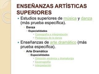 ENSEÑANZAS ARTÍSTICAS
SUPERIORES
 Estudios superiores de música y danza
(más prueba específica).
 Danza
 Especialidades
 Coreografía e interpretación
 Pedagogía de la danza
 Enseñanzas de arte dramático (más
prueba específica).
 Arte Dramático
 Especialidades
 Dirección escénica y dramaturgia
 Escenografía
 Interpretación
 